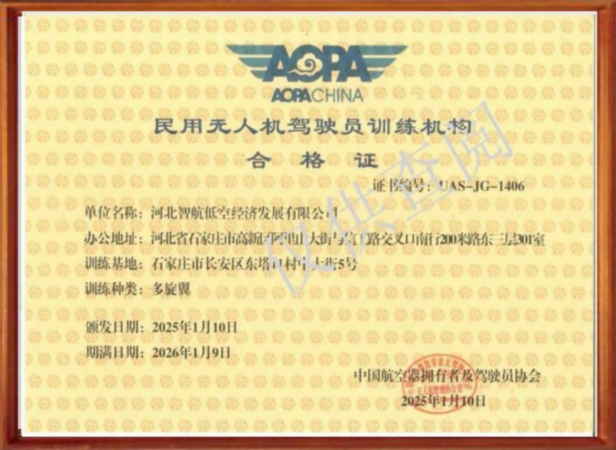 民用无人机驾驶员训练机构合格证